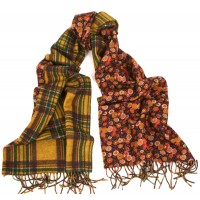 Double Sided Flower-Plaid Wool-Cashmere  Print Yellow, Orange & Black Scarf